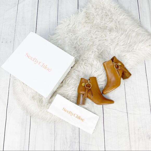 See By Chloe Women's Louise High Block Heel Leather Brown Booties Sz 36 NEW - Picture 2 of 6